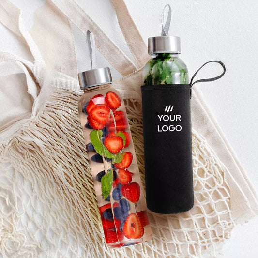 Insulated Glass Water Bottle – 550ml with Custom Neoprene Sleeve & Stainless Steel Lid