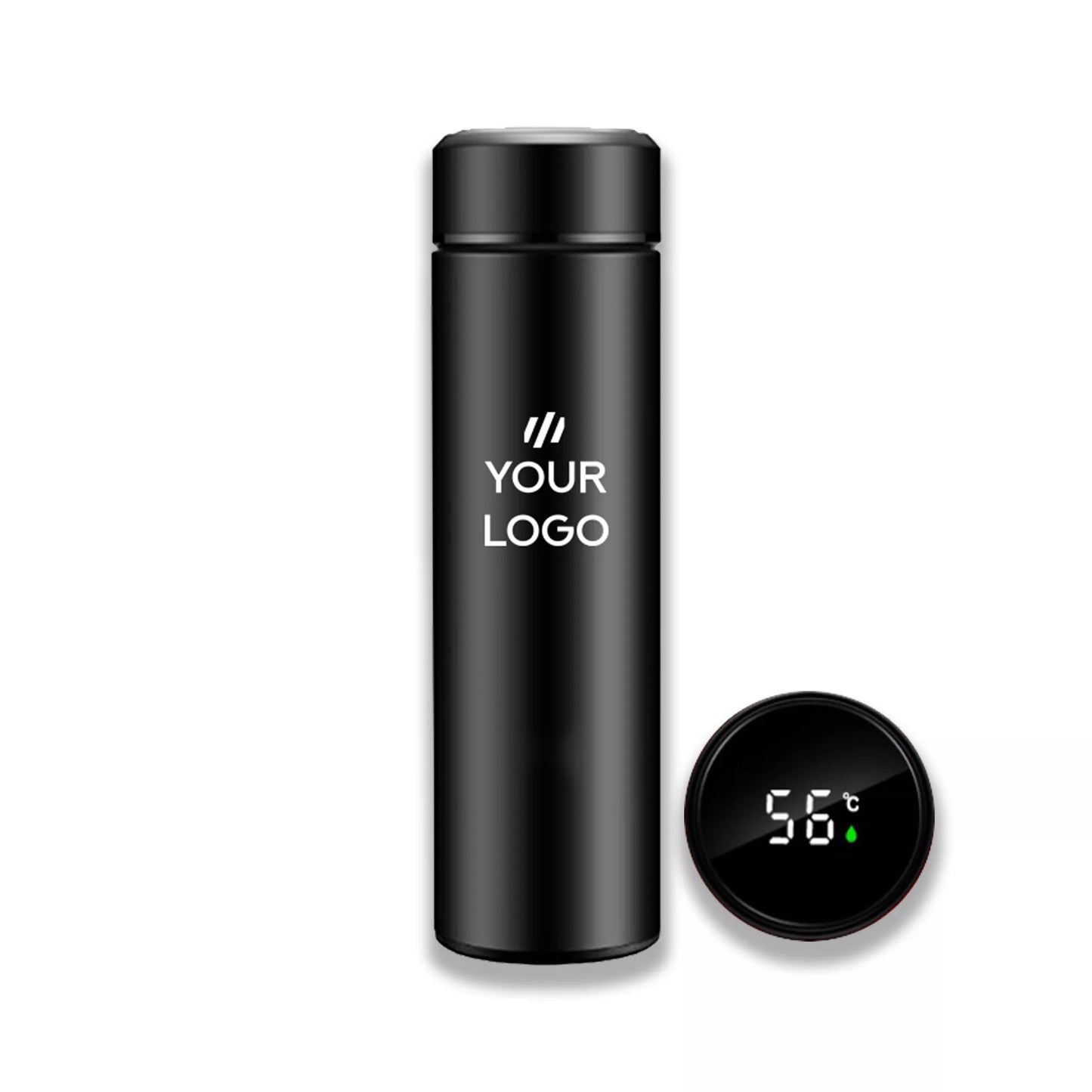 Black thermos bottle with digital temperature display on a white background