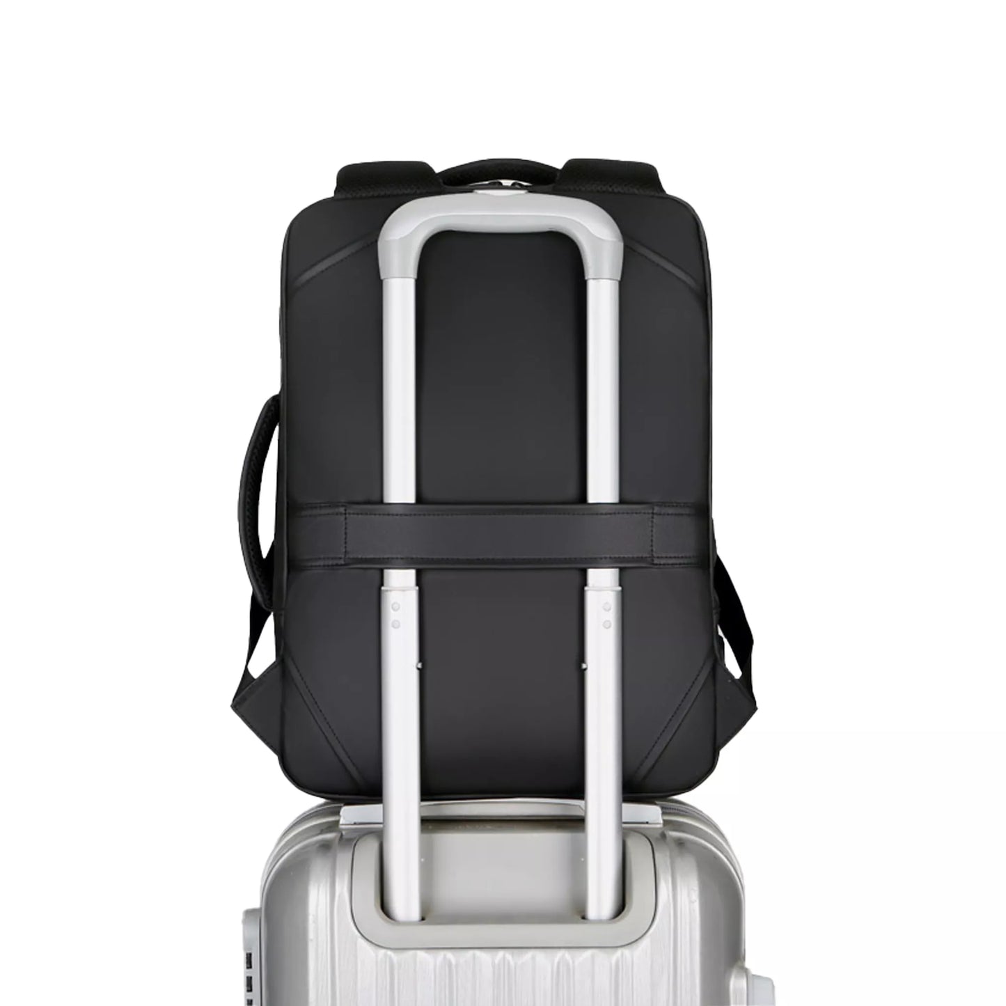 Travel compatible backpack with luggage strap for rolling suitcases