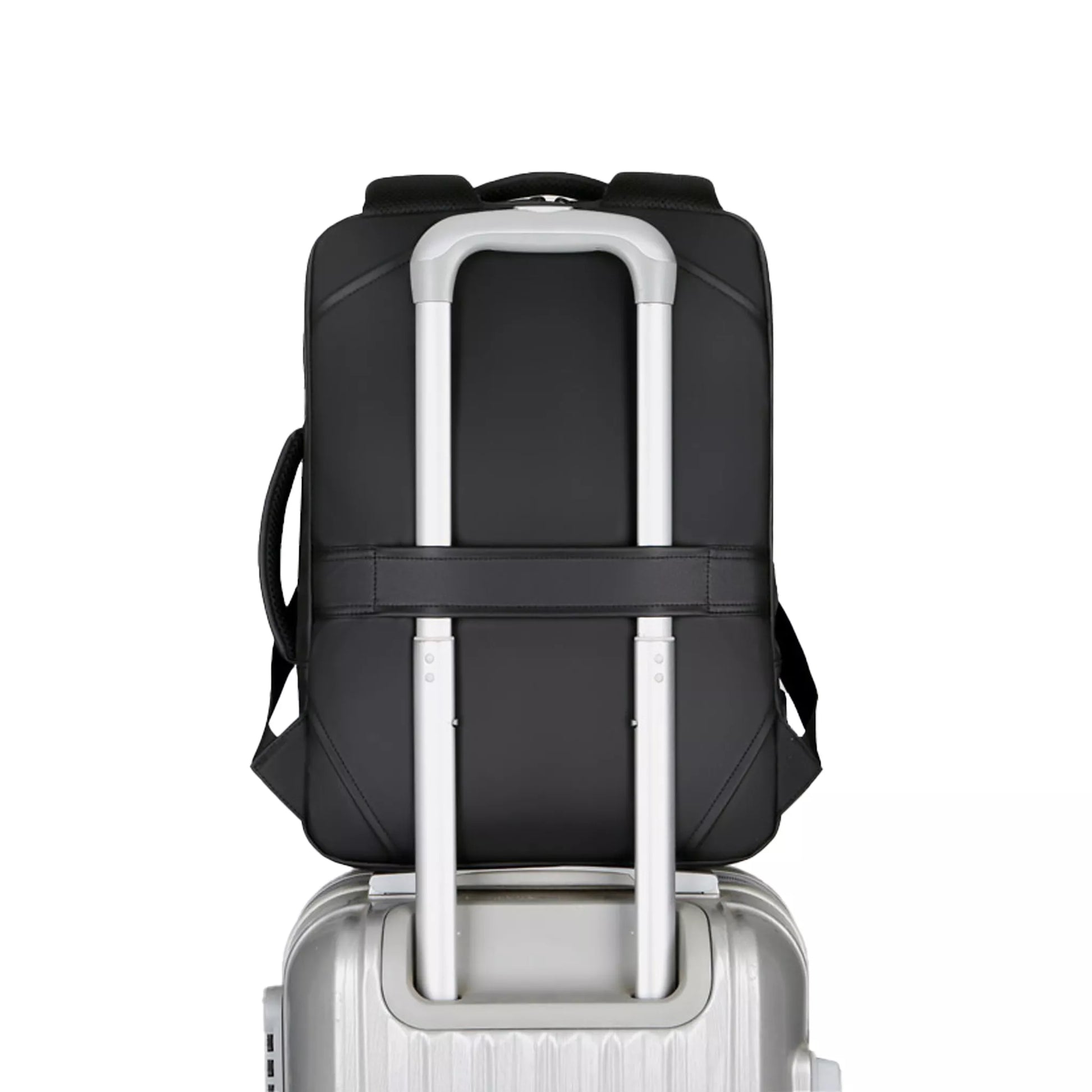 Travel compatible backpack with luggage strap for rolling suitcases