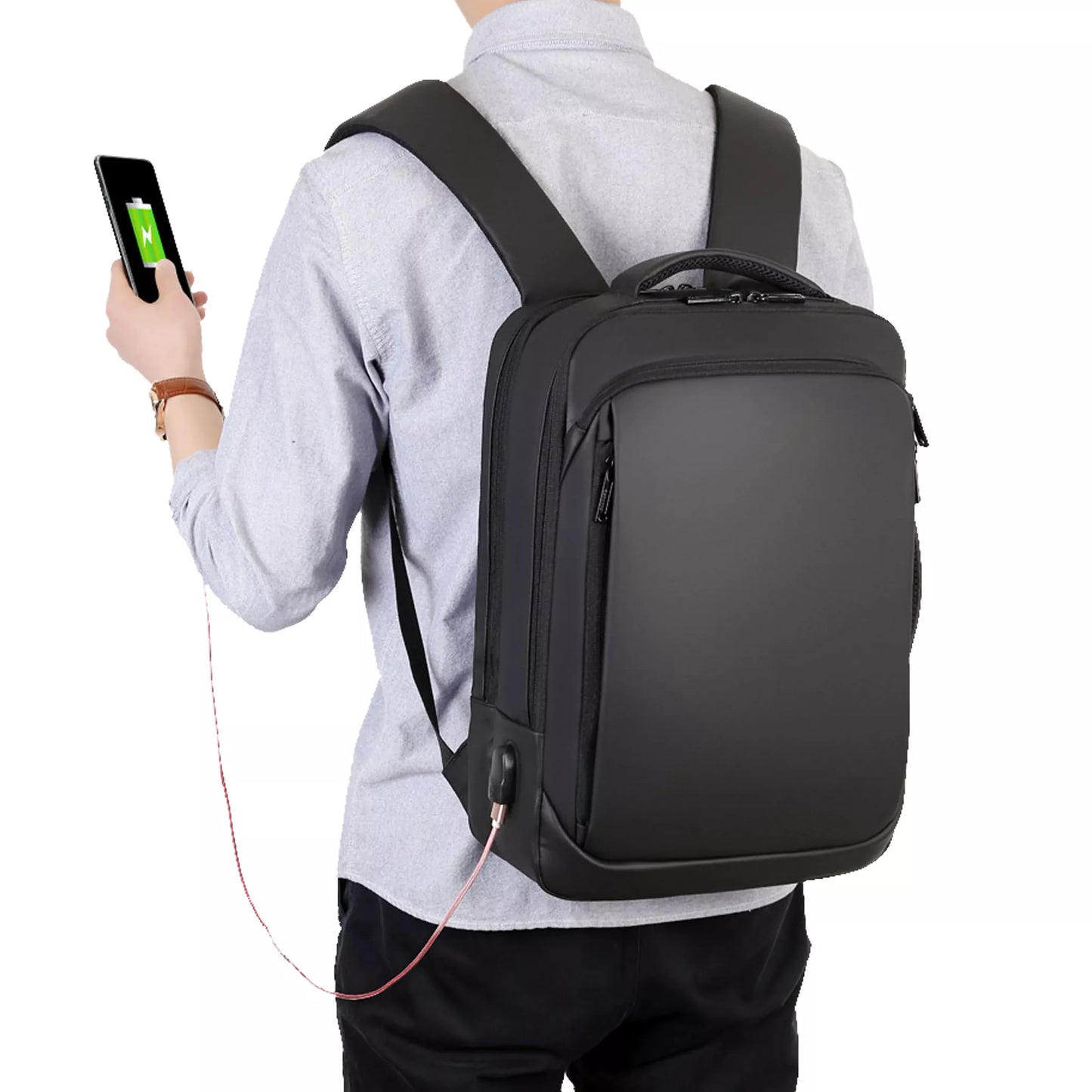 Built-in USB charging port on professional backpack for on-the-go charging