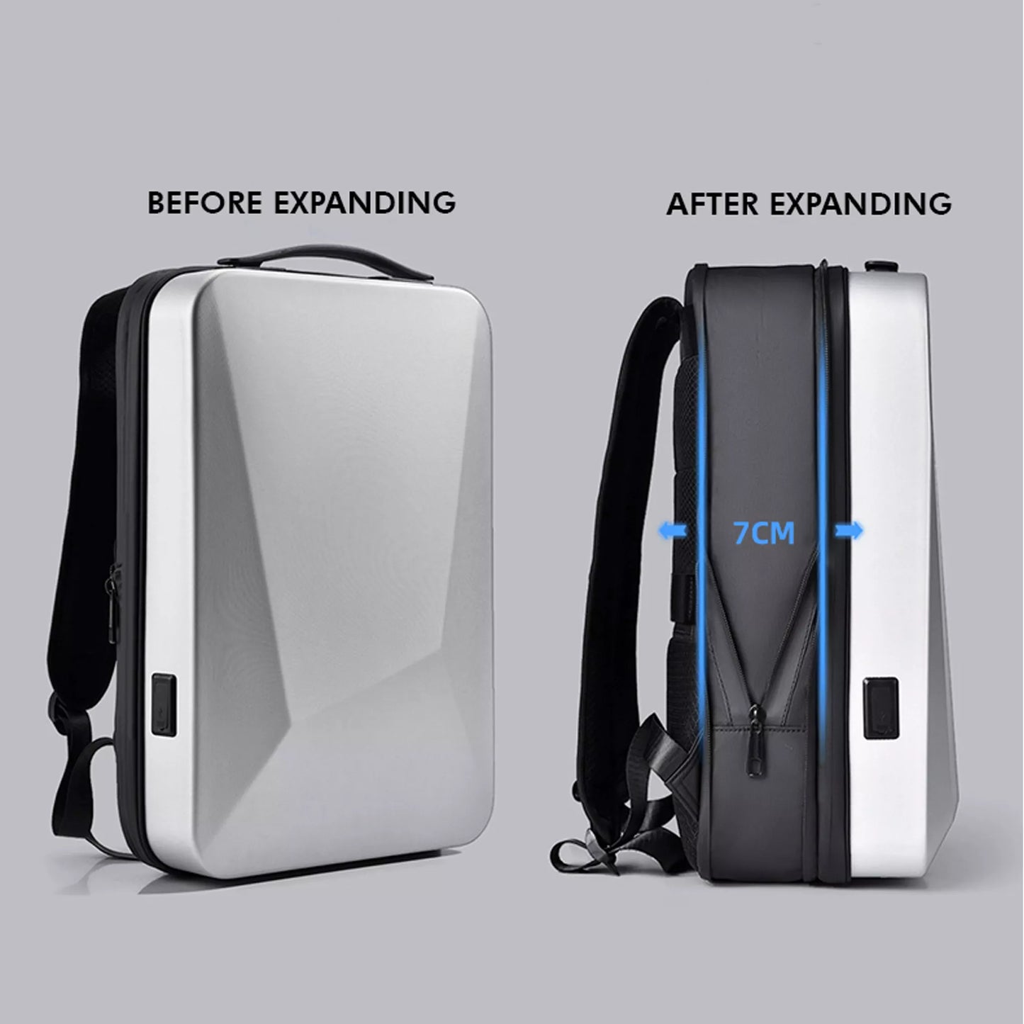Backpack Tech 2 – Cybertruck-Inspired Expandable Hardshell Backpack with Password Lock