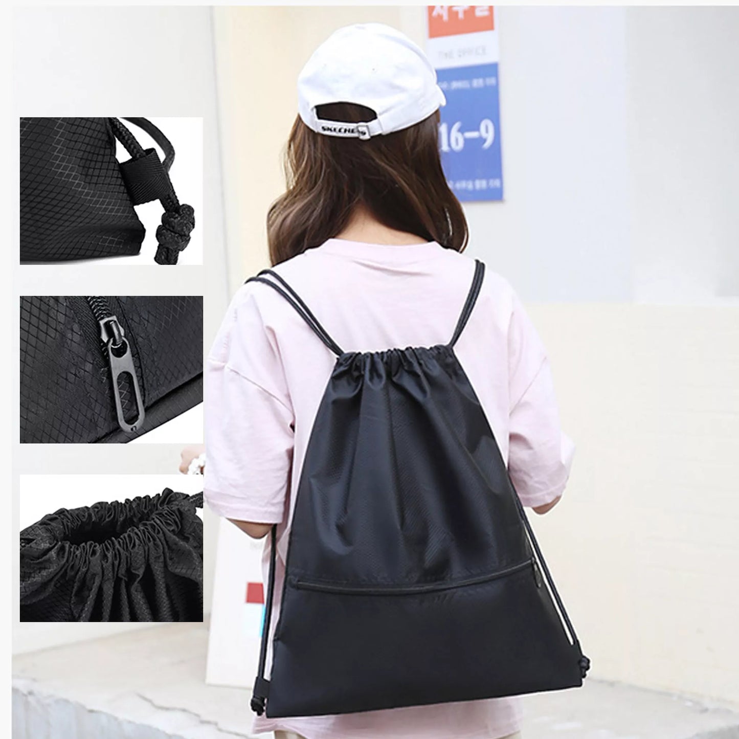 Drawstring Bag 1 – Lightweight Sports Bag with Inner & Outer Zip Pockets