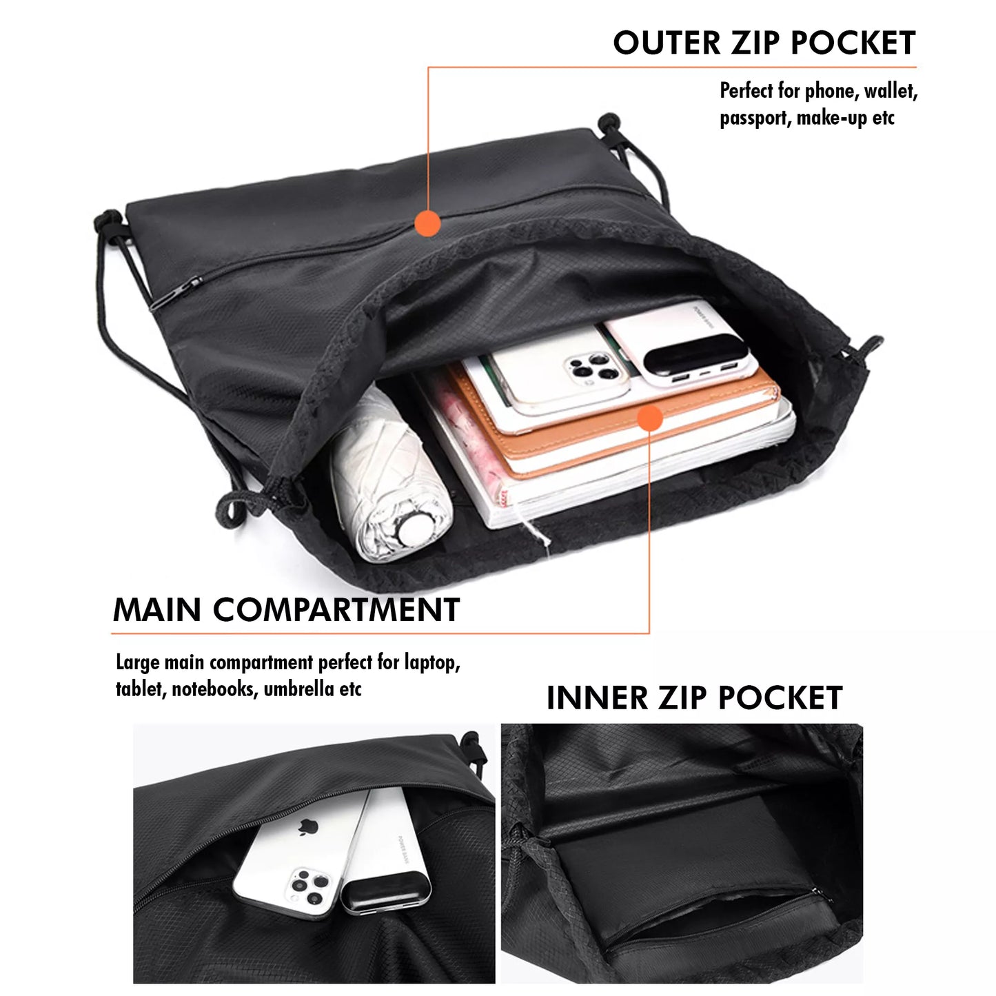 Drawstring Bag 1 – Lightweight Sports Bag with Inner & Outer Zip Pockets